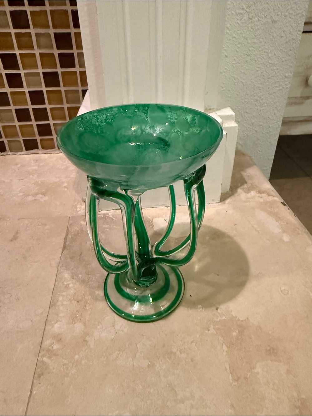 Vintage Jozefina Krosno blown glass Green jellyfish dish.  5 3/4”